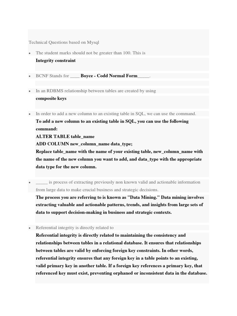 Technical Questions based on Mysql | PDF | Databases | Relational Database