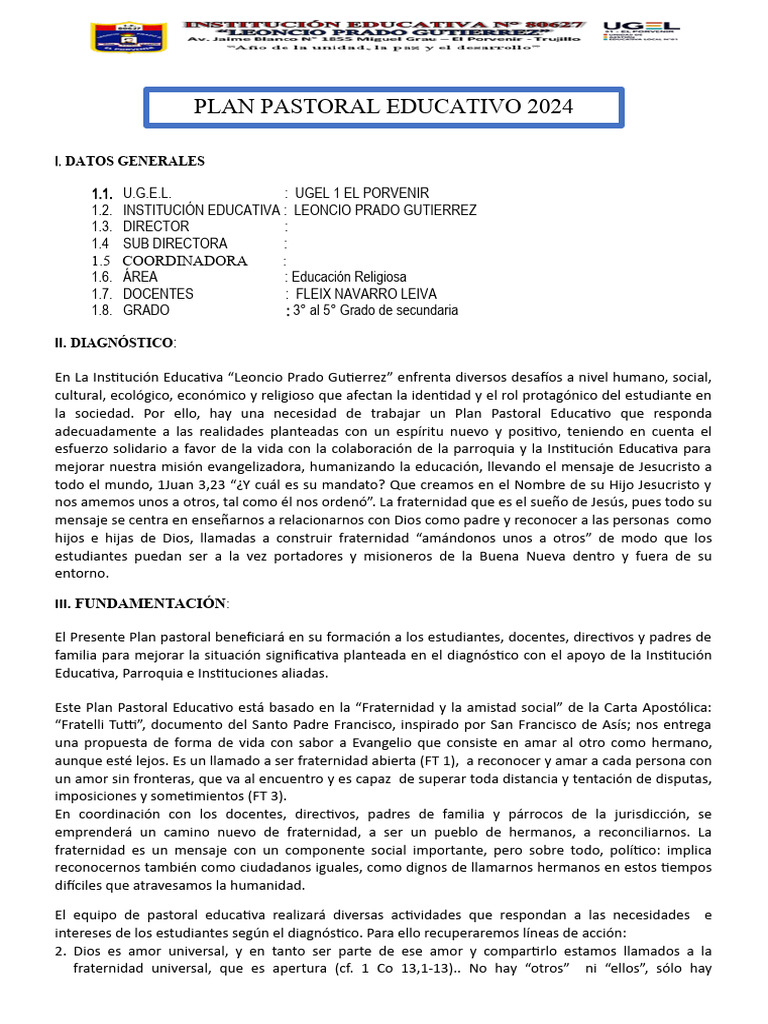 Plan Pastoral Educativo 2024 en UGEL 1 | PDF | Iglesia Católica | Amor