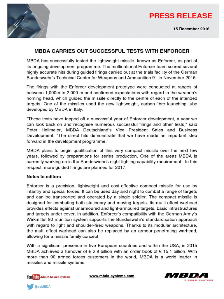PR MBDA Carries Out Successful Tests With Enforcer | PDF | Missile ...