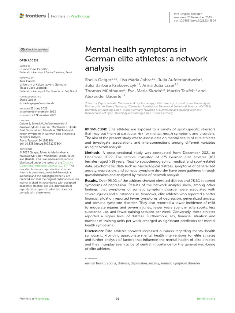 Mental Health Symptoms in German Elite Athletes | PDF | Mental Health ...