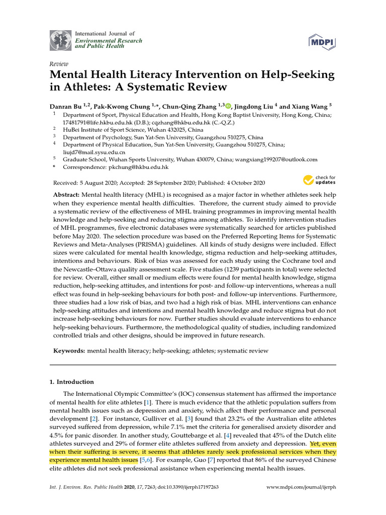 Mental Health Literacy in Athletes Review | PDF | Systematic Review ...