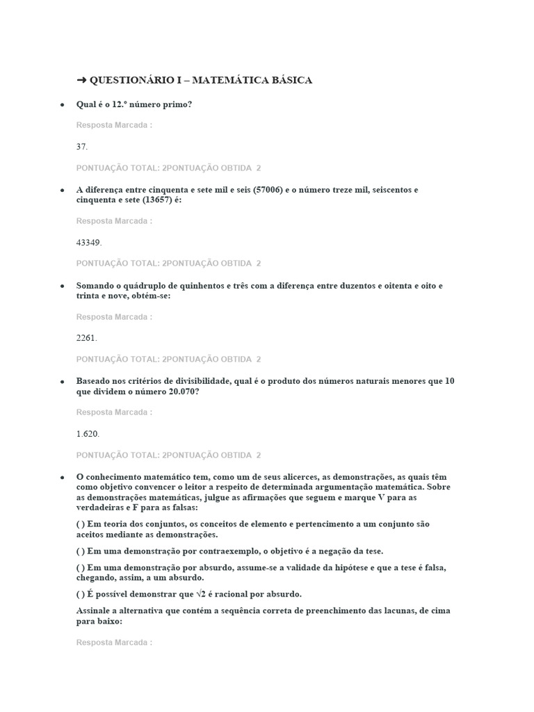 Questionário I Matemática Básica Download Grátis Pdf Números