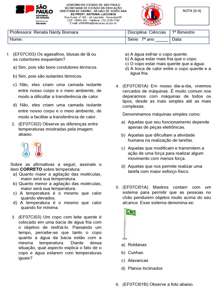 Atividades sobre Calor e Temperatura 7º Ano | PDF | Calor | Temperatura