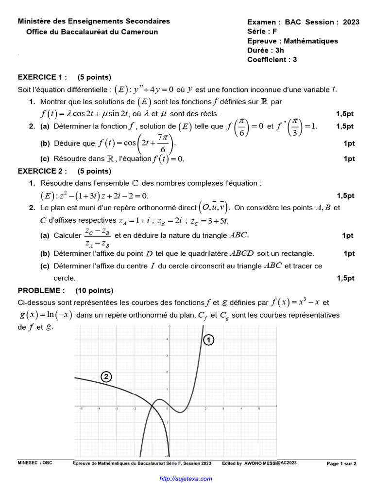 Épreuve de Mathématiques BAC F 2023 | PDF | Cercle | Nombre complexe