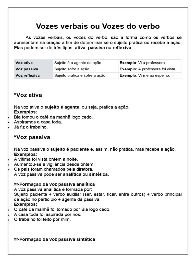 Tipos de Vozes Verbais | PDF | Assunto (gramática) | Morfologia linguística