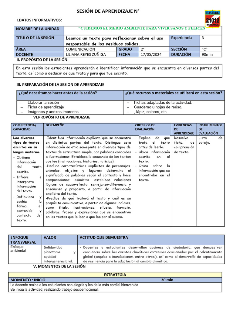 Sesion Plan Lector 24-05-24 | PDF | Aprendizaje | Enseñando