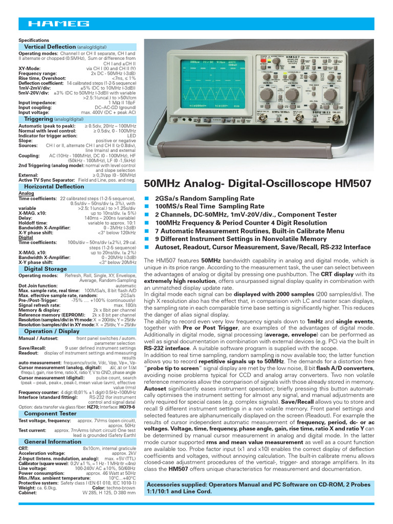 50MHz Analog-Digital Oscilloscope HM507 | PDF | Electromagnetism ...