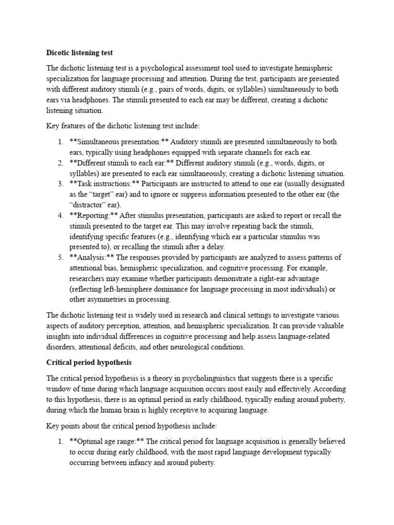 Dichotic Listening Test & Critical Period Hypothesis | PDF | Language ...