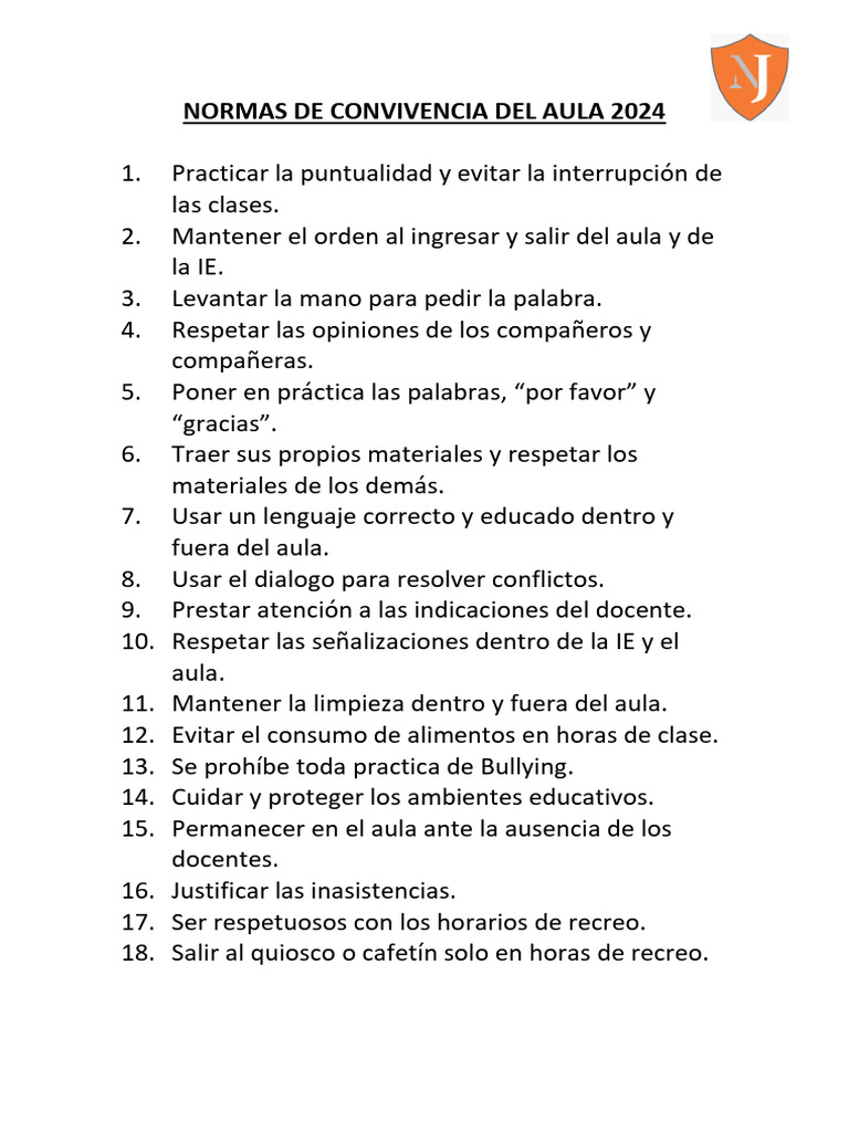 Normas de Convivencia en el Aula 2024 | PDF