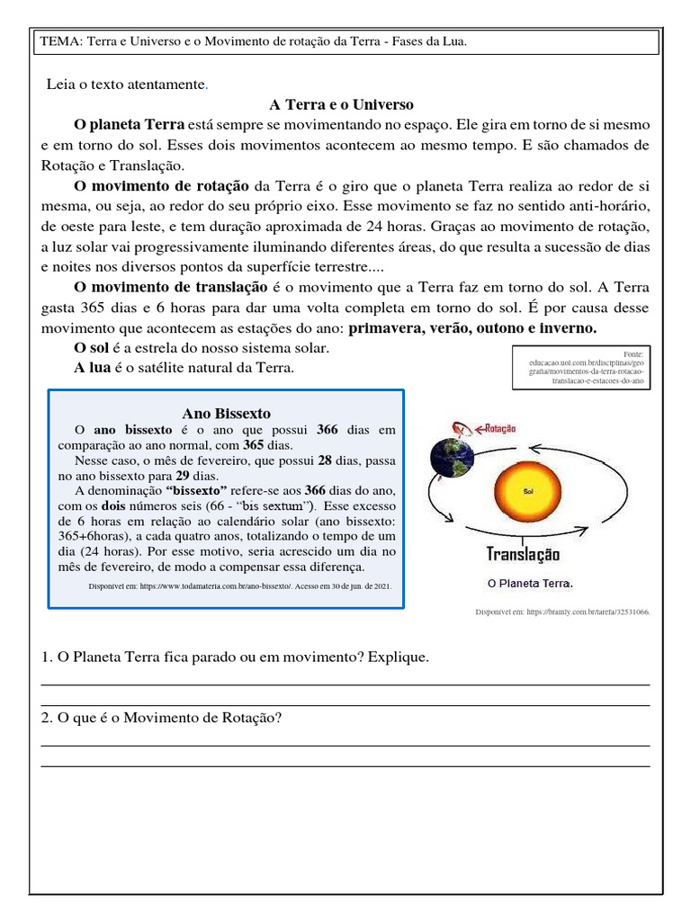 6 ANO - MOVIMENTOS DA TERRA - FASES DA LUA - SISTEMA SOLAR | Download ...