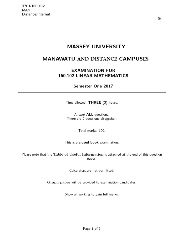 Massey University Linear Mathematics Exam | PDF | Eigenvalues And ...
