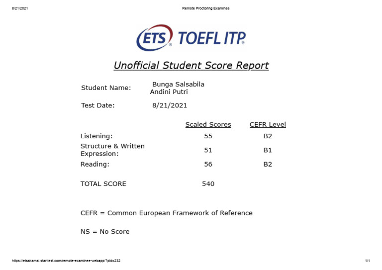 Student Score Report - Bunga Salsabila | PDF