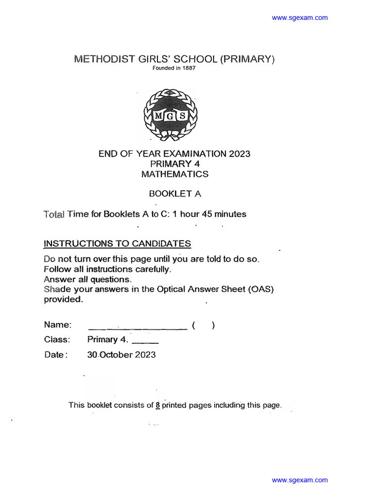Primary 4 Mathematics Exam 2023 | PDF | Schools | Qualifications