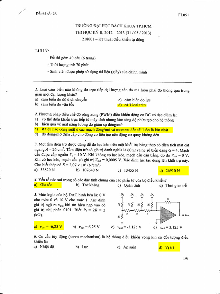 Dap An KT Dieu Khien Tu Dong Thi HK2.12.13 | PDF