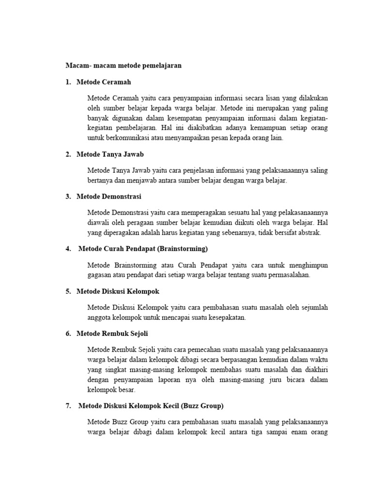 Macam macam metode dan dan model pembelajaran pdf