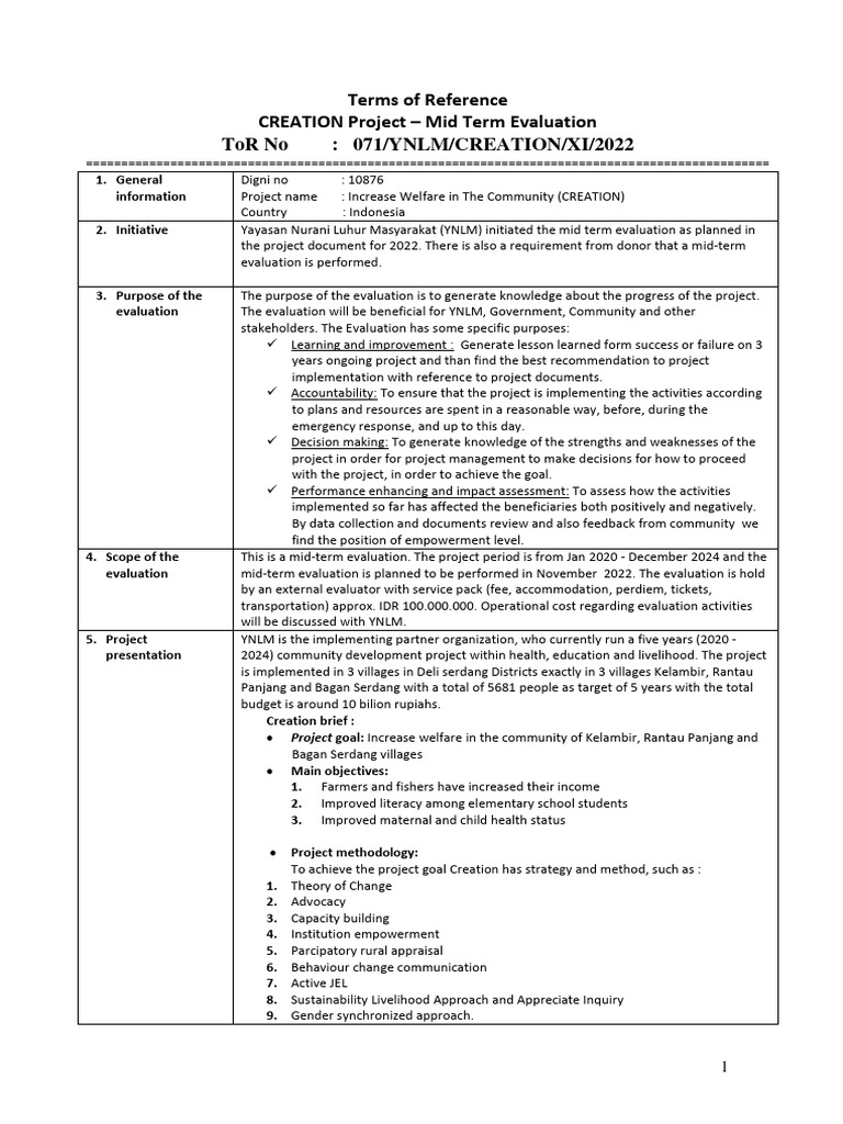 ToR Mid Term Evaluation For Creation Project 2022 | PDF | Evaluation ...