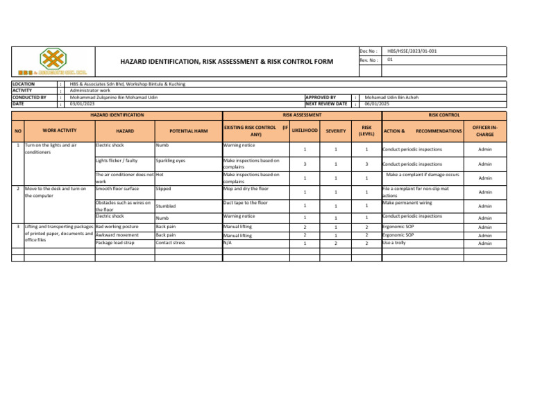 Hazard Identification & Risk Control Form | PDF | Safety | Occupational ...