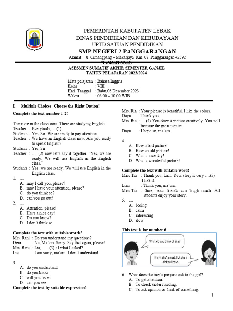 Soal Pas Bahasa Inggris Ganjil Kelas 8 2022 2023 Download Free Pdf