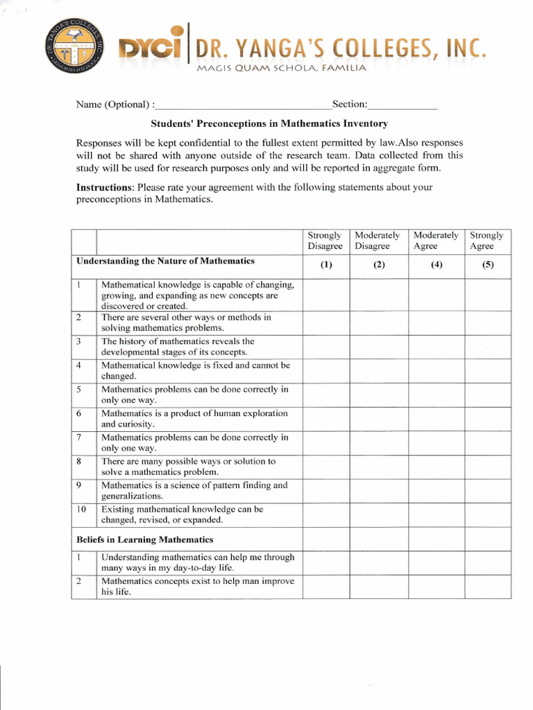 Math Preconceptions Survey | PDF | Mathematics | Cognitive Psychology