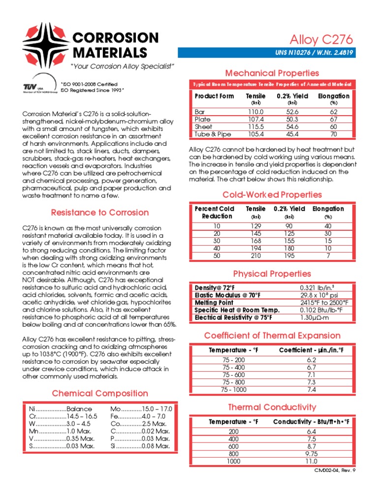 Alloy C276 Data Sheet | PDF | Acid | Hydrochloric Acid