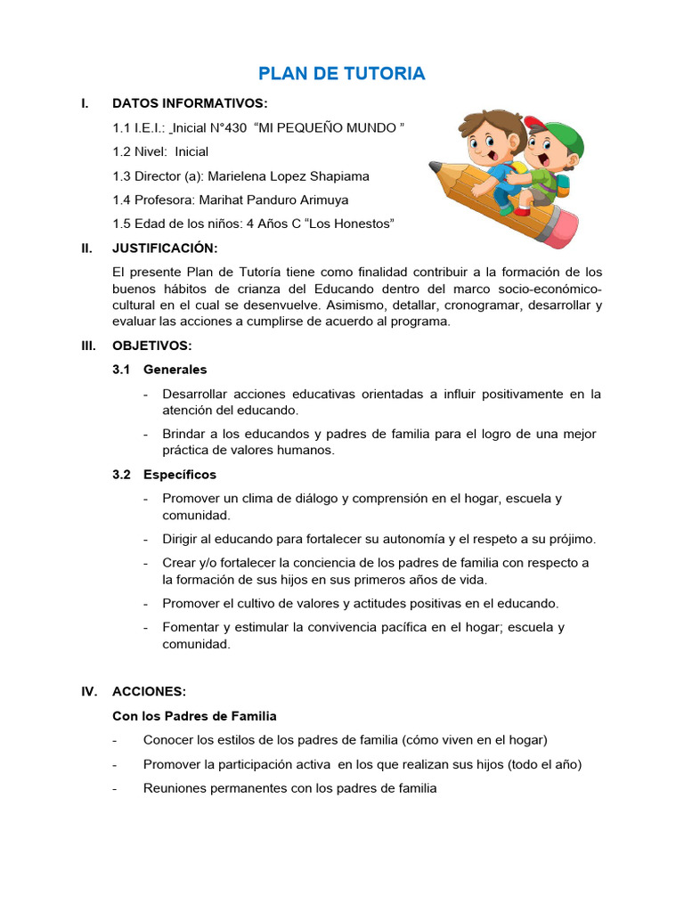 Plan de Tutoria 2024 | PDF | Salón de clases | Maestros