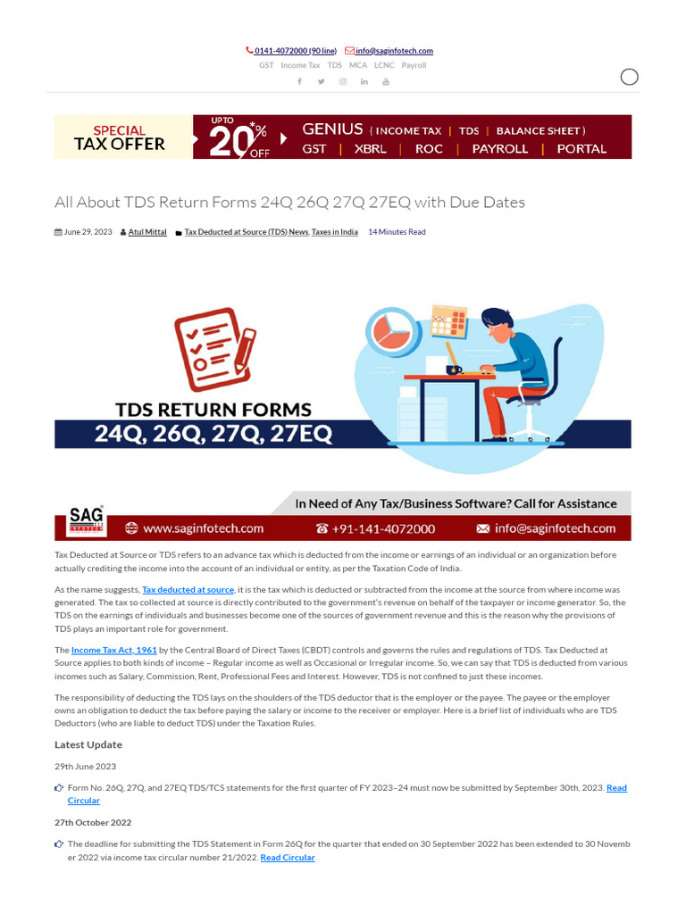 All about tds return forms 24q 26q 27q 27eq with due dates sag
