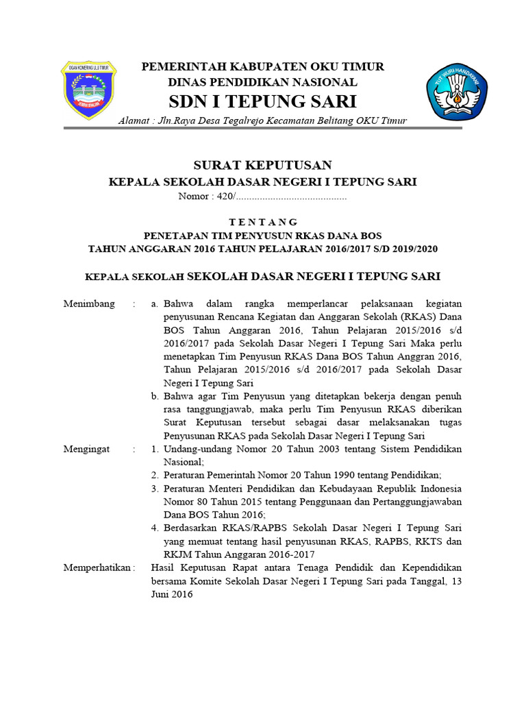 SK Tim Penyusun RKAS SDN Tepung Sari | PDF