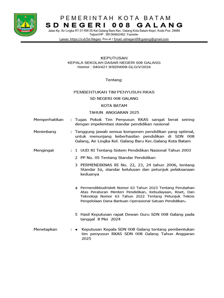 Pembentukan Tim Penyusun RKAS 2025 | PDF