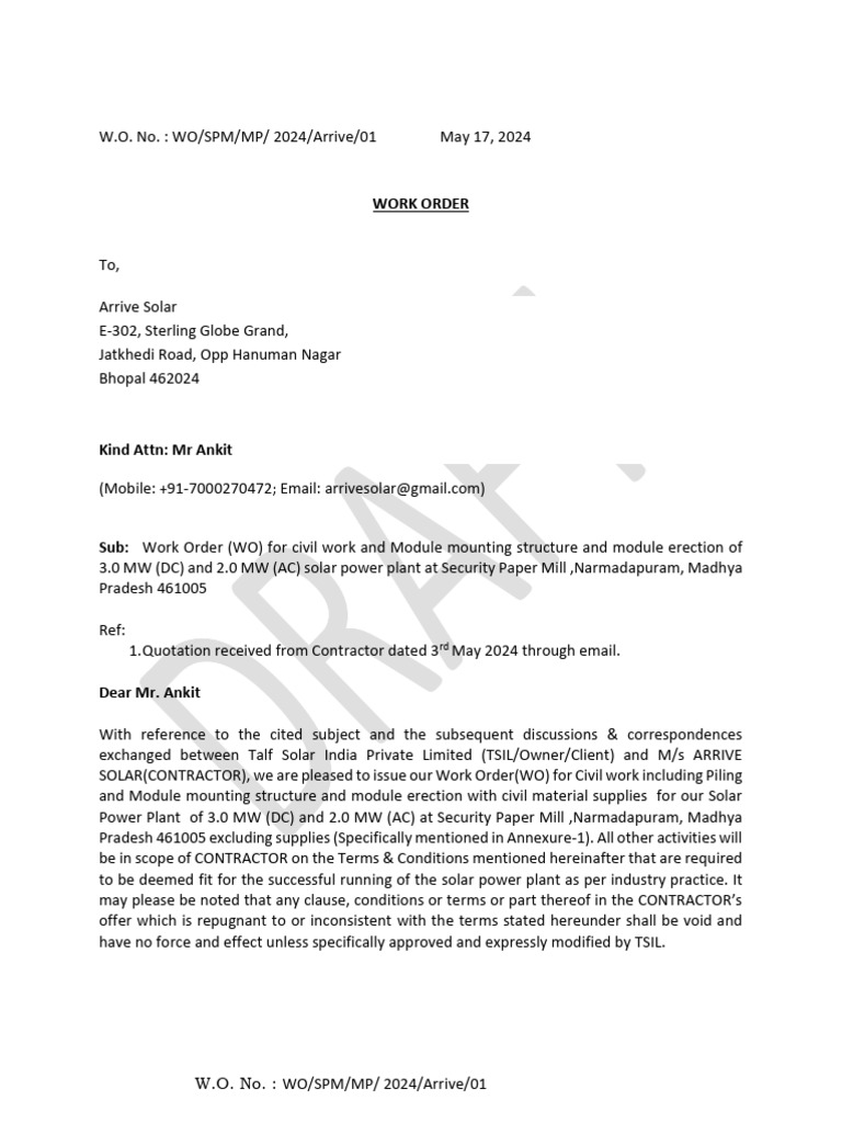 Solar Work Order for 3.0 MW Project | PDF | Concrete | Safety