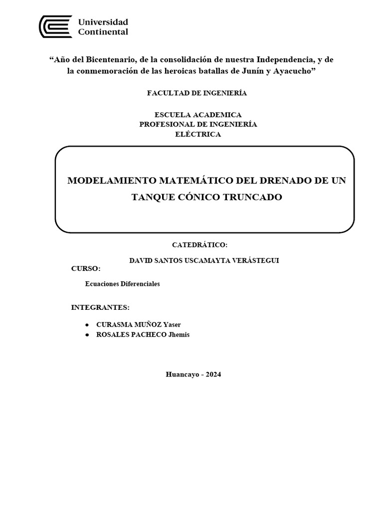 Modelado Matemático de Drenado en Tanque | PDF | Ecuaciones | Tanques