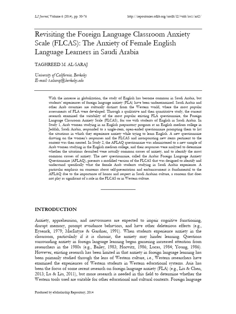 Female Learners' FLA in Saudi Arabia | PDF | Anxiety | English As A ...