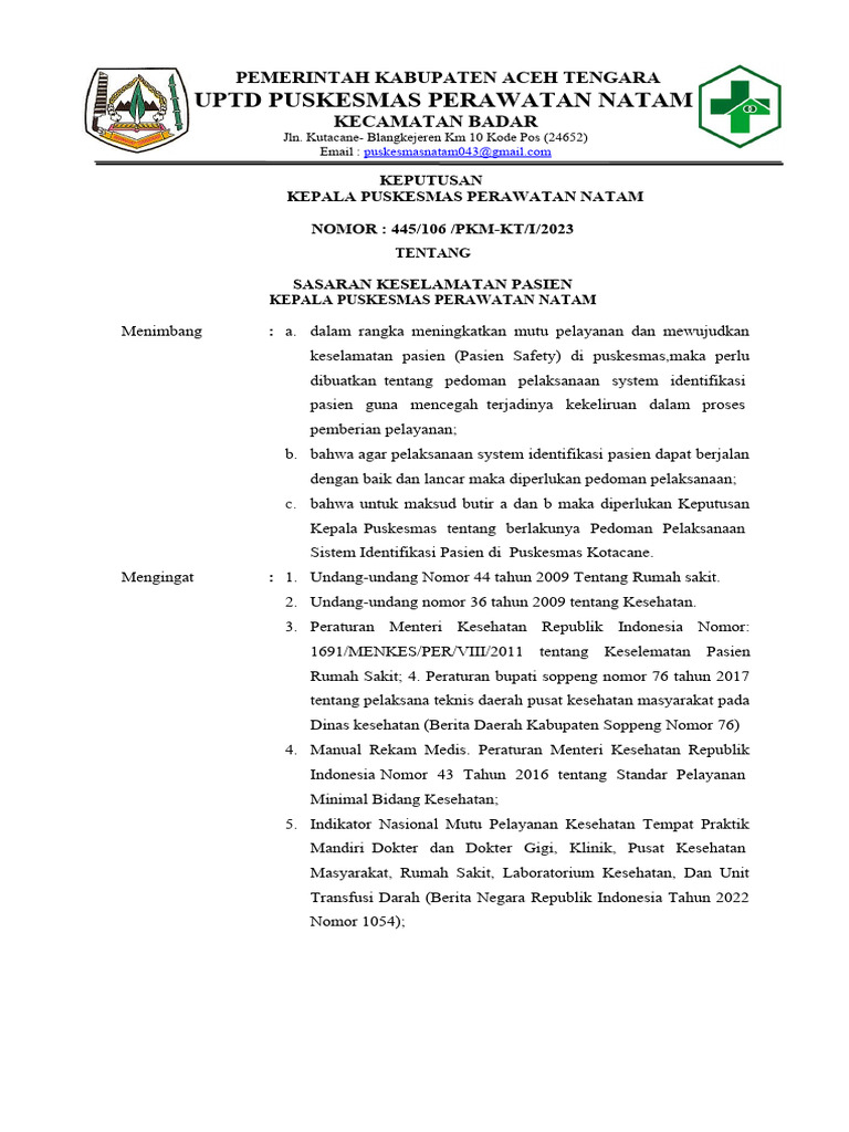 Pedoman Keselamatan Pasien Puskesmas Natam | PDF