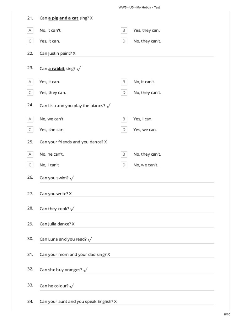 WW3 U6 My Hobby Test Questions | PDF