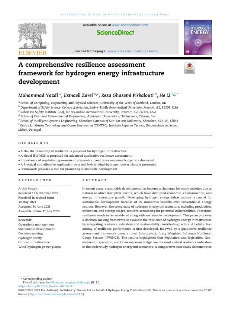 A Comprehensive Resilience Assessment Framework For Hydrogen Energy ...