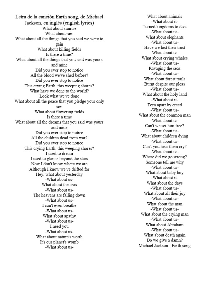 Earth Song Paroles Traduction – Michael Jackson Traduction Française ...