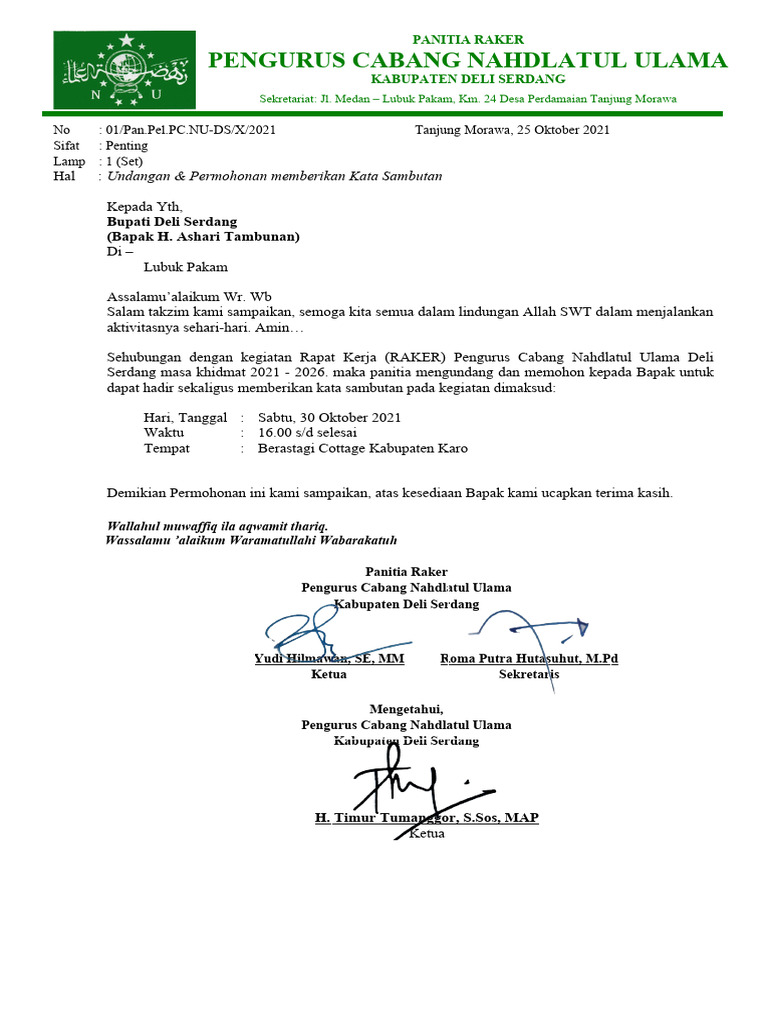 Undangan Raker PCNU Deli Serdang 2021 | PDF