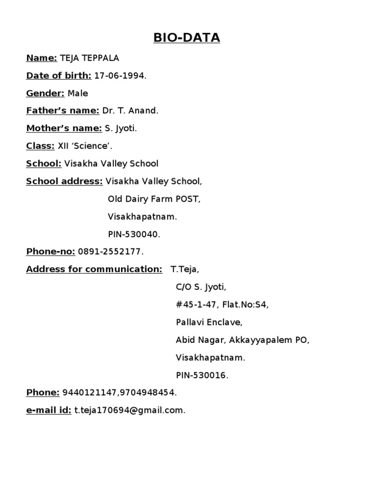 Teja Teppala's Academic Bio-data | PDF