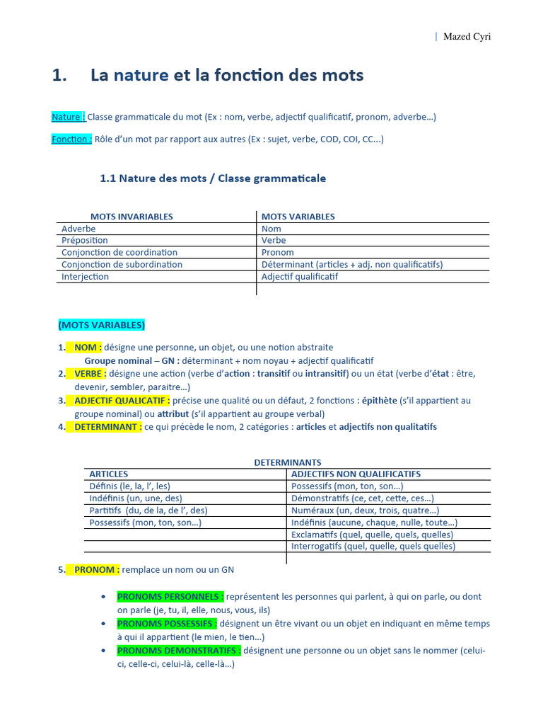 Nature et fonction des mots en français | PDF | Nature (grammaire) | Pronom