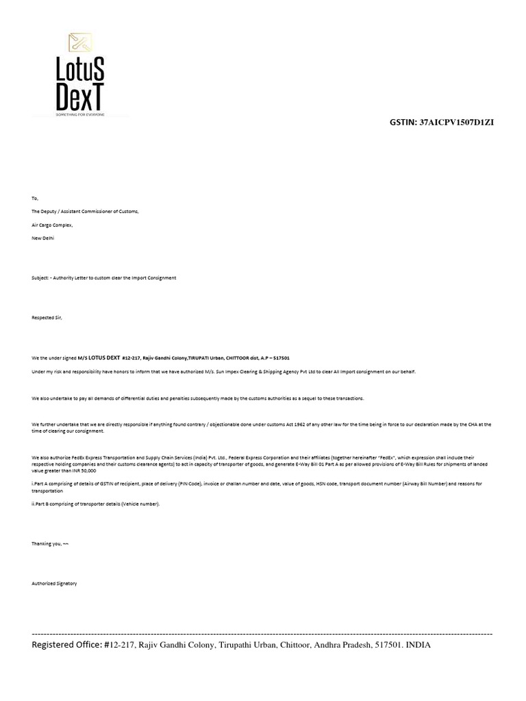 FedEx Customs Clearance Authorization | PDF | Finance & Money Management