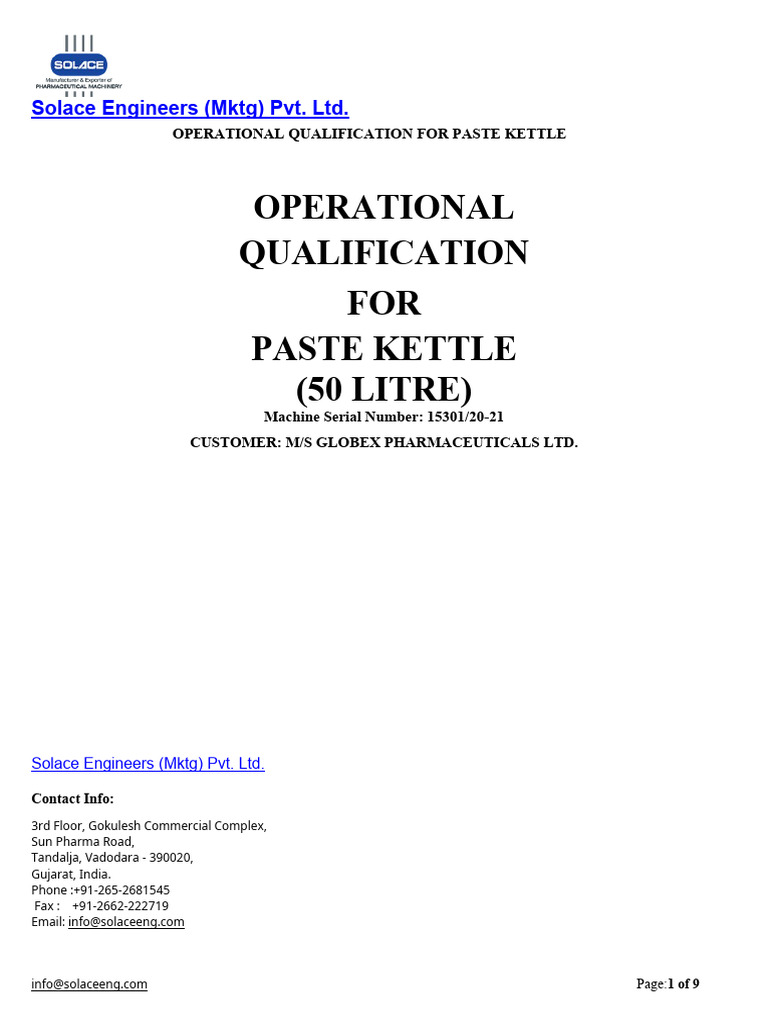 Operational Qualification FOR Paste Kettle (50 LITRE) Solace