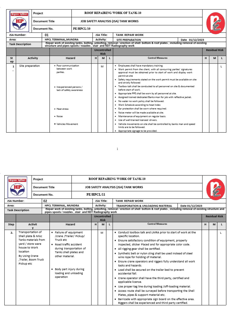 JSA for Tank Repair Work at HPCL | PDF | Nondestructive Testing ...