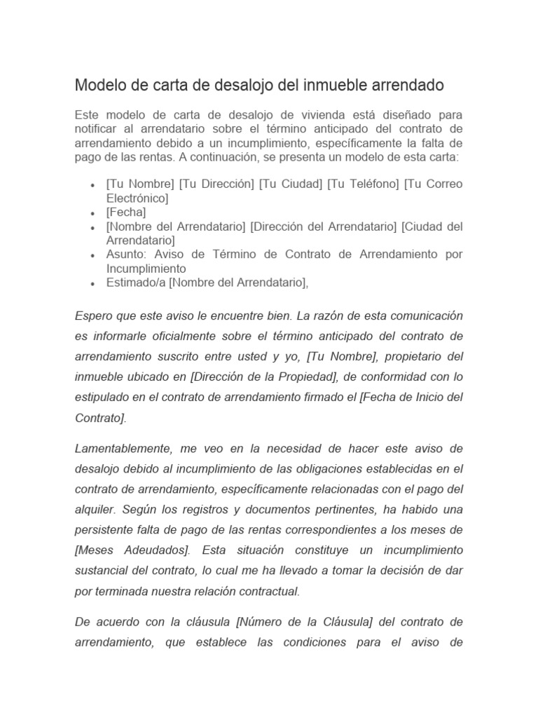 Modelo de Carta de Desalojo Del Inmueble Arrendado | PDF