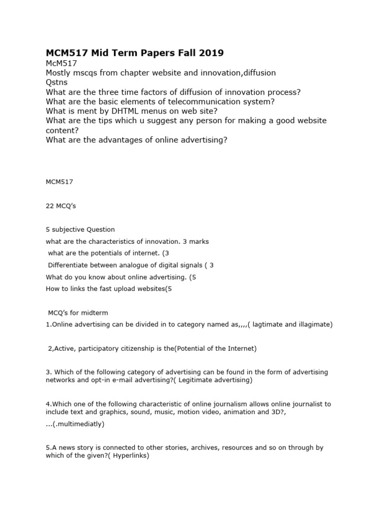 MCM517 Midterm Papers Overview 2019 | PDF | World Wide Web | Internet & Web