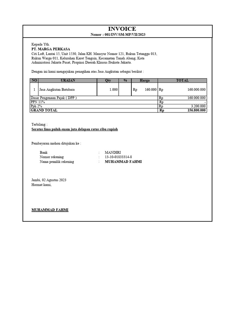 Contoh Invoice Jasa Angkutan dengan Pajak | PDF