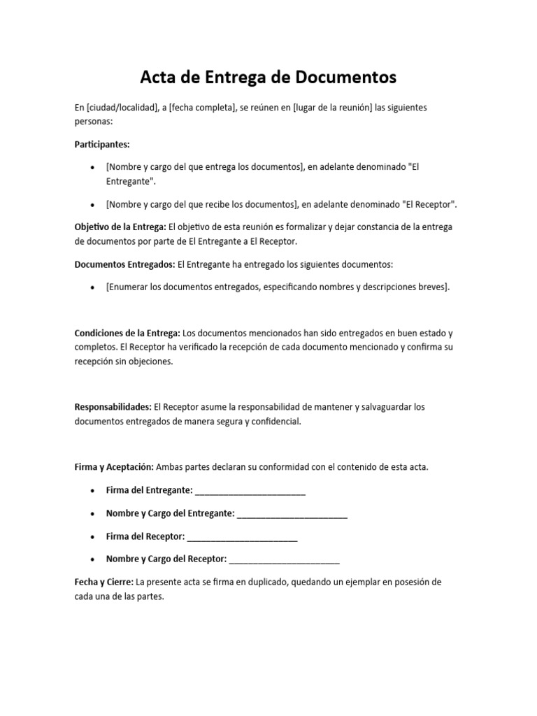 Modelo Acta de Entrega de Documentos Word | PDF | Finanzas y dinero ...