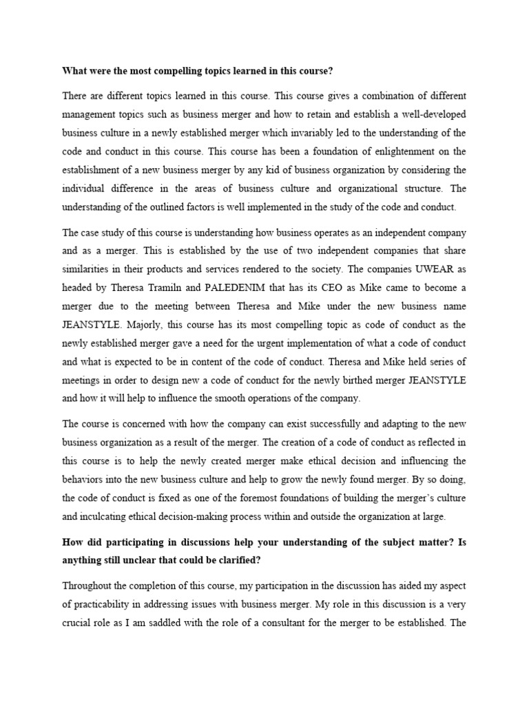 Individual Understanding of The Course | PDF | Mergers And Acquisitions ...