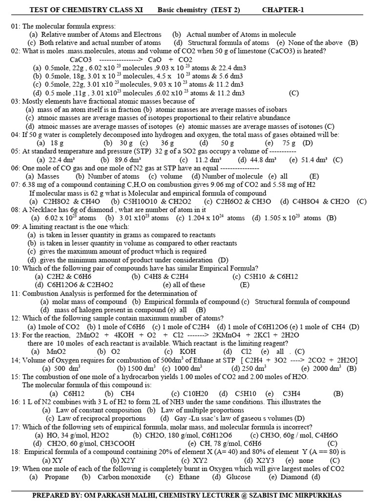 Chemistry Test for Class XI | PDF | Mole (Unit) | Molecules