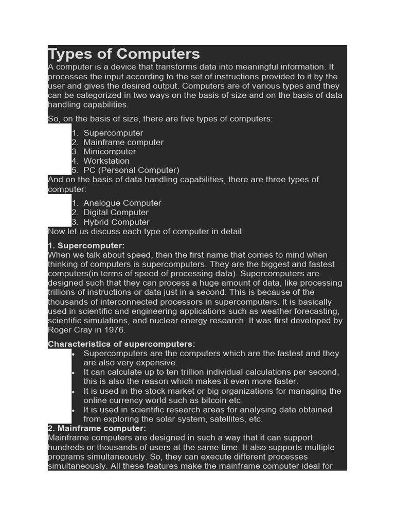 Types of Computers | Download Free PDF | Personal Computers | Supercomputer