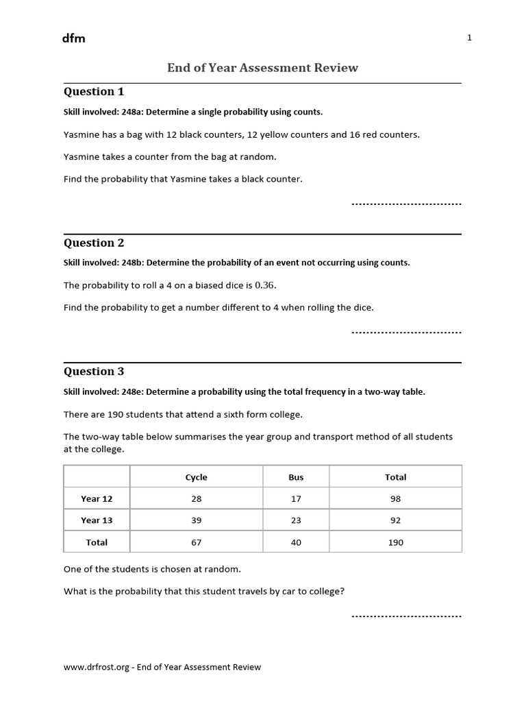 Endof Year Assessment Review | PDF | Probability | Probability Theory