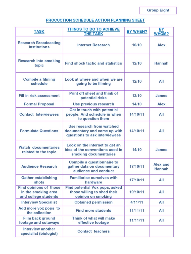 Production Schedule for Documentary Planning | PDF | Career & Growth